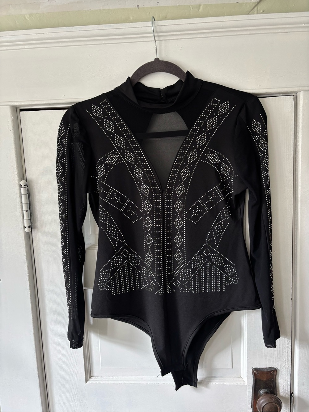 Black Rhinestone Long-Sleeve Bodysuit